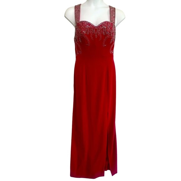 Jovani Red Beaded Crisscross Back Straps Maxi Long Evening Gown Size 10 Dress - Picture 1 of 16